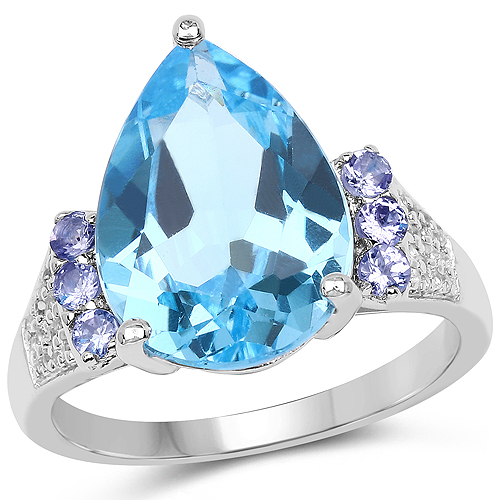Rings-6.86 Carat Genuine Swiss Blue Topaz, Tanzanite & White Topaz .925 Sterling Silver Ring