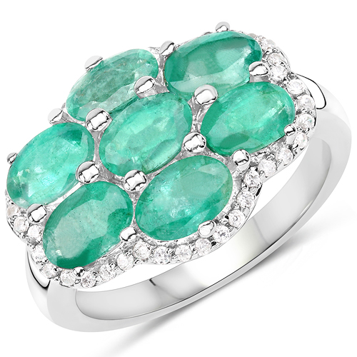 Emerald-3.33 Carat Genuine Zambian Emerald and White Zircon .925 Sterling Silver Ring