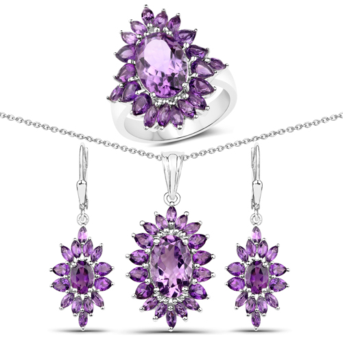 Amethyst-14.28 Carat Genuine Amethyst .925 Sterling Silver 3 Piece Jewelry Set (Ring, Earrings, and Pendant w/ Chain)