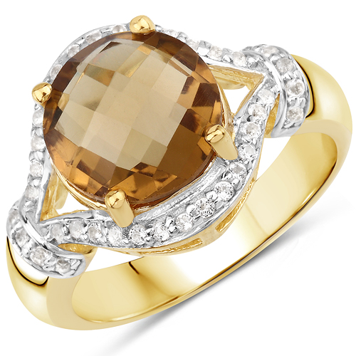 Rings-14K Yellow Gold Plated 2.99 Carat Genuine Champagne Quartz and White Topaz .925 Sterling Silver Ring