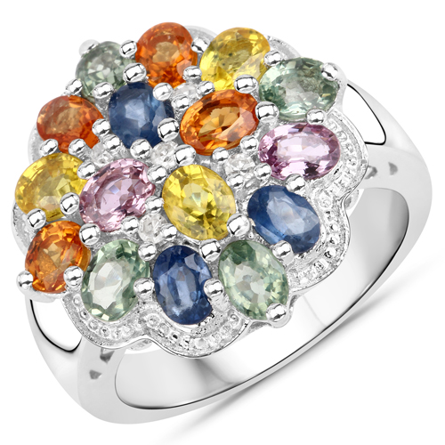Sapphire-3.28 Carat Genuine Orange Sapphire and White Diamond .925 Sterling Silver Ring