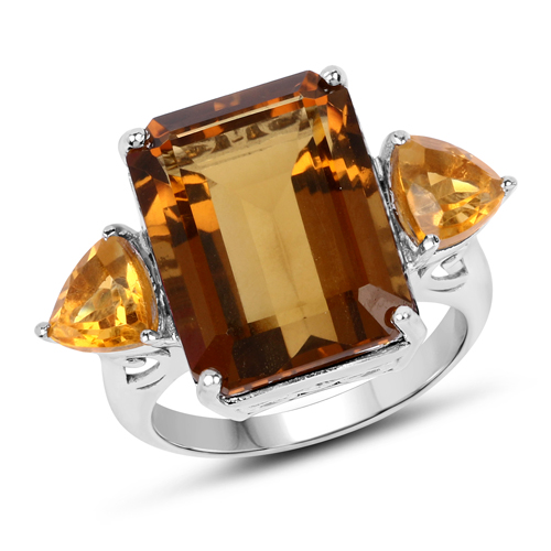 Rings-12.30 Carat Genuine Champagne Quartz and Citrine .925 Sterling Silver Ring