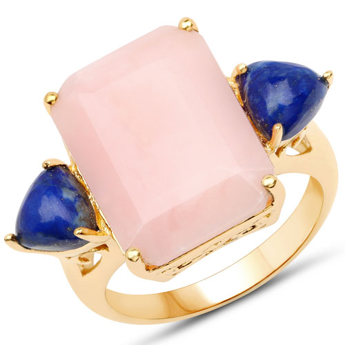 Rings-12.18 Carat Genuine Pink Opal and Lapis .925 Sterling Silver Ring