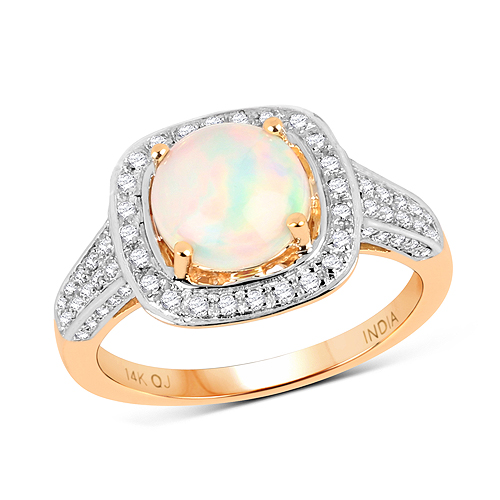 Opal-1.13 Carat Genuine Ethiopian Opal and White Diamond 14K Yellow Gold Ring