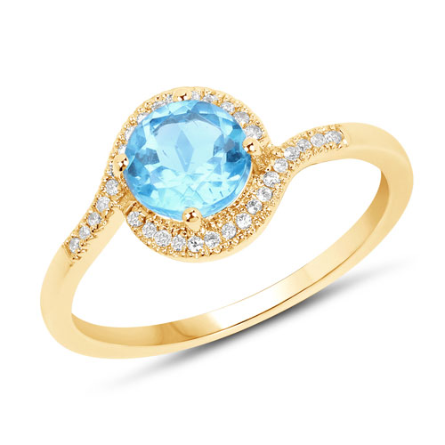 Rings-1.10 Carat Genuine Swiss Blue Topaz and White Diamond 14K Yellow Gold Ring