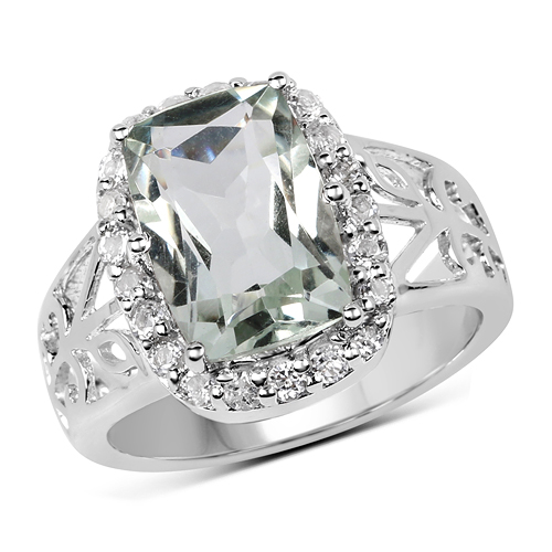 Amethyst-3.94 Carat Genuine Green Amethyst and White Topaz .925 Sterling Silver Ring