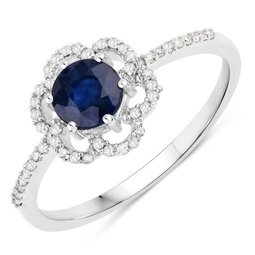 Sapphire-0.78 Carat Genuine Blue Sapphire and White Diamond 14K White Gold Ring