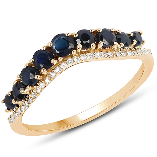 Sapphire-0.79 Carat Genuine Blue Sapphire and White Diamond 14K Yellow Gold Ring