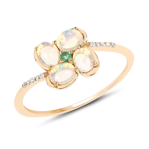 Opal-0.54 Carat Genuine Ethiopian Opal, Zambian Emerald and White Diamond 14K Yellow Gold Ring