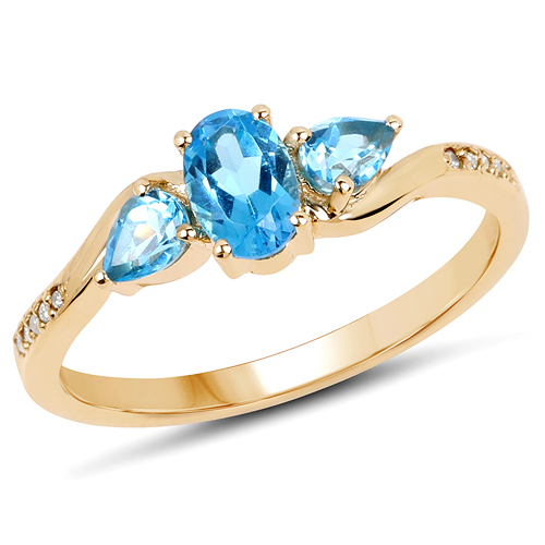 Rings-0.91 Carat Genuine Swiss Blue Topaz and White Diamond 14K Yellow Gold Ring