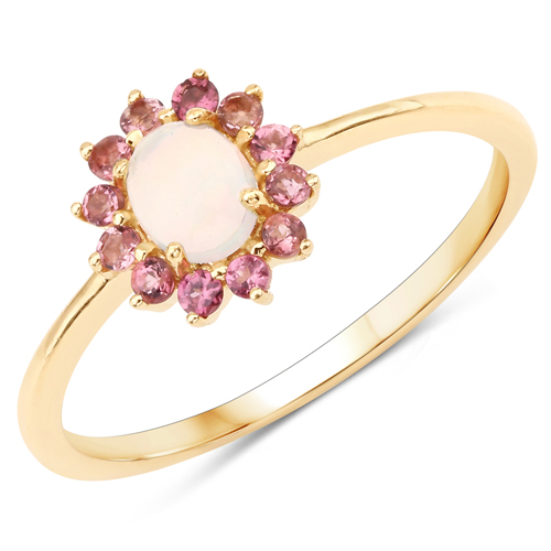 Opal-0.46 Carat Genuine Ethiopian Opal and Pink Tourmaline 14K Yellow Gold Ring