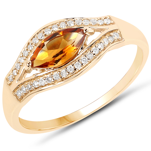Citrine-0.70 Carat Genuine Citrine and White Diamond 14K Yellow Gold Ring