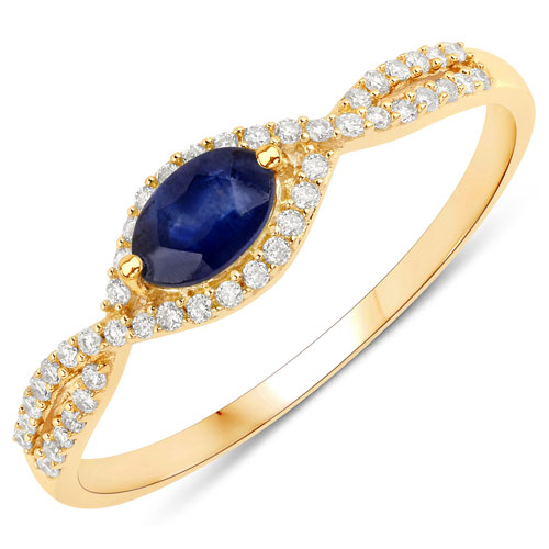 Sapphire-0.35 Carat Genuine Blue Sapphire and White Diamond 14K Yellow Gold Ring