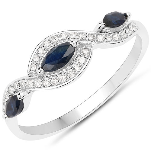 Sapphire-0.42 Carat Genuine Blue Sapphire and White Diamond 18K White Gold Ring