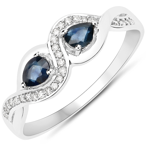 Sapphire-0.38 Carat Genuine Blue Sapphire and White Diamond 18K White Gold Ring
