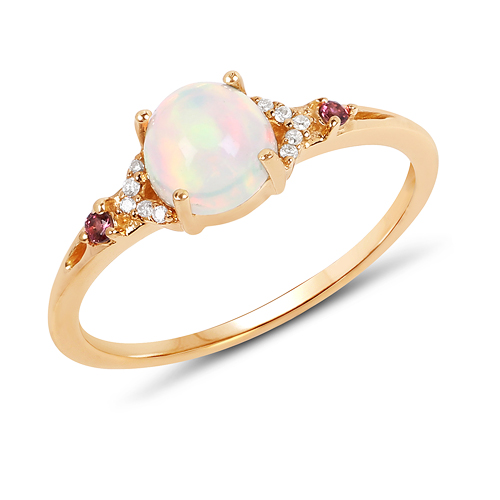 Opal-0.57 Carat Genuine Opal Ethiopian, Pink Tourmaline & White Diamond 14K Yellow Gold Ring