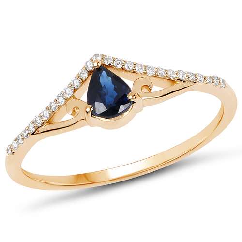 Sapphire-0.40 Carat Genuine Blue Sapphire and White Diamond 14K Yellow Gold Ring