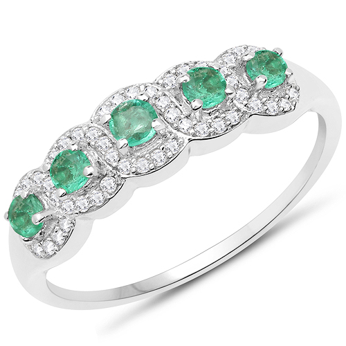 Emerald-18K White Gold 0.39 Carat Genuine Zambian Emerald and White Diamond Ring