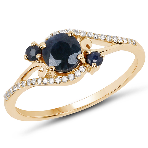 Sapphire-0.74 Carat Genuine Blue Sapphire and White Diamond 14K Yellow Gold Ring