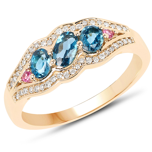 Rings-0.80 Carat Genuine London Blue Topaz, Pink Tourmaline & White Diamond 14K Yellow Gold Ring