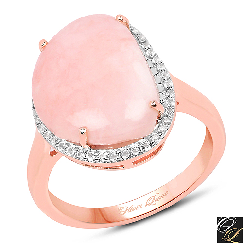 Rings-14K Rose Gold Plated 5.10 Carat Genuine Pink Opal And White Topaz .925 Sterling Silver Ring