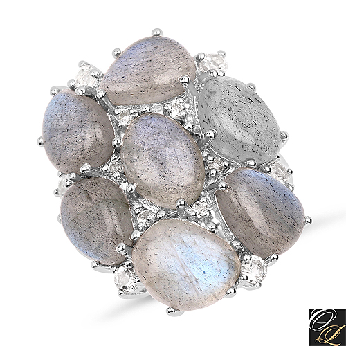 Rings-10.44 Carat Genuine Labradorite And White Topaz .925 Sterling Silver Ring