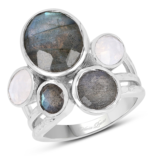 Rings-8.59 Carat Genuine Labradorite And White Rainbow Moonstone .925 Sterling Silver Ring