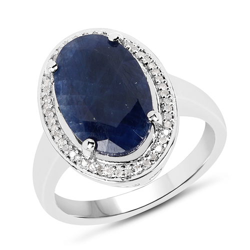 Sapphire-6.39 Carat Genuine Sapphire and White Diamond .925 Sterling Silver Ring