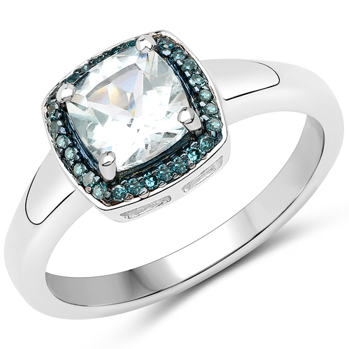 0.83 Carat Genuine Aquamarine and Blue Diamond .925 Sterling Silver Ring