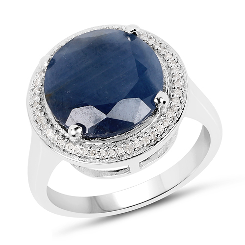 Sapphire-7.05 Carat Genuine Sapphire and White Diamond .925 Sterling Silver Ring