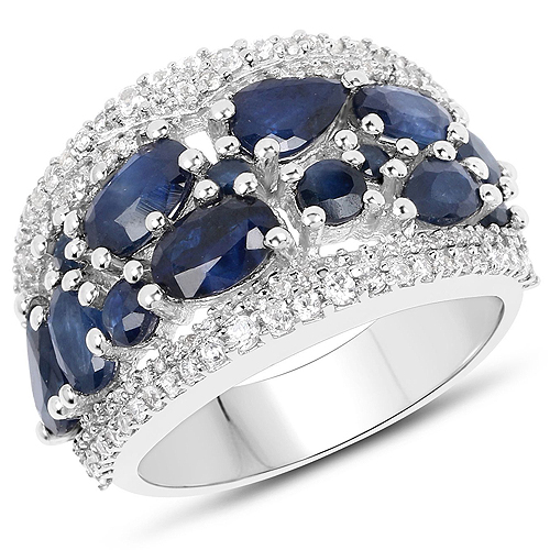 Sapphire-3.61 Carat Genuine Blue Sapphire and White Zircon .925 Sterling Silver Ring
