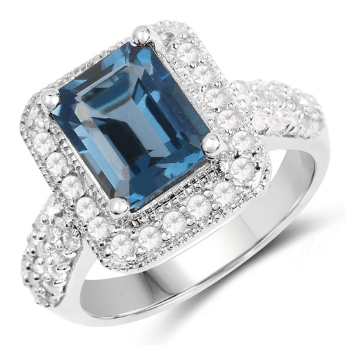 Rings-5.14 Carat Genuine London Blue Topaz and White Topaz .925 Sterling Silver Ring