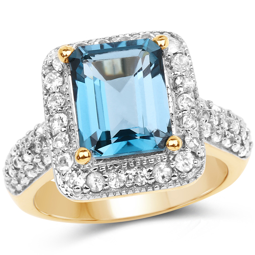 Rings-14K Yellow Gold Plated 5.03 Carat Genuine London Blue Topaz and White Topaz .925 Sterling Silver Ring