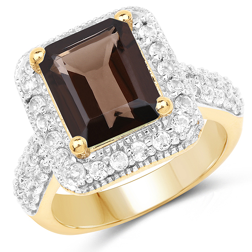 Rings-14K Yellow Gold Plated 4.19 Carat Genuine Smoky Quartz and White Topaz .925 Sterling Silver Ring