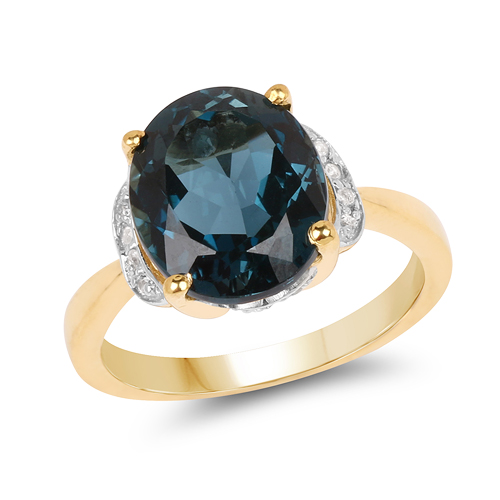 Rings-14K Yellow Gold Plated 6.09 Carat Genuine London Blue Topaz & White Diamond .925 Sterling Silver Ring