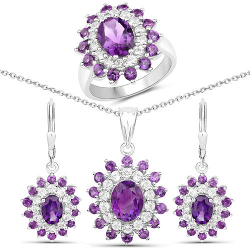 Amethyst-9.96 Carat Genuine Amethyst and White Topaz .925 Sterling Silver 3 Piece Jewelry Set (Ring, Earrings, and Pendant w/ Chain)