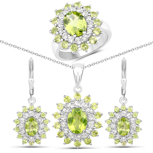 10.64 Carat Genuine Peridot and White Topaz .925 Sterling Silver 3 Piece Jewelry Set (Ring, Earrings, and Pendant w/ Chain)