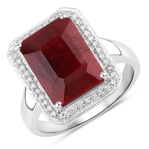Ruby-6.93 Carat Dyed Ruby and White Diamond .925 Sterling Silver Ring