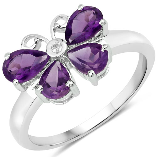 Amethyst-1.35 Carat Genuine Amethyst and White Diamond .925 Sterling Silver Ring