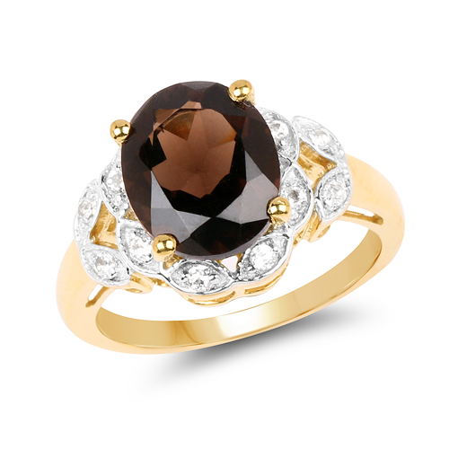 Rings-14K Yellow Gold Plated 3.25 Carat Genuine Smoky Quartz & White Topaz .925 Sterling Silver Ring
