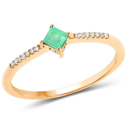 Emerald-0.19 Carat Genuine Zambian Emerald and White Diamond 14K Yellow Gold Ring