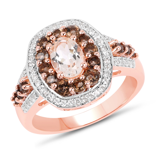 Rings-18K Rose Gold Plated 1.62 Carat Genuine Morganite, Smoky Quartz and White Zircon .925 Sterling Silver Ring