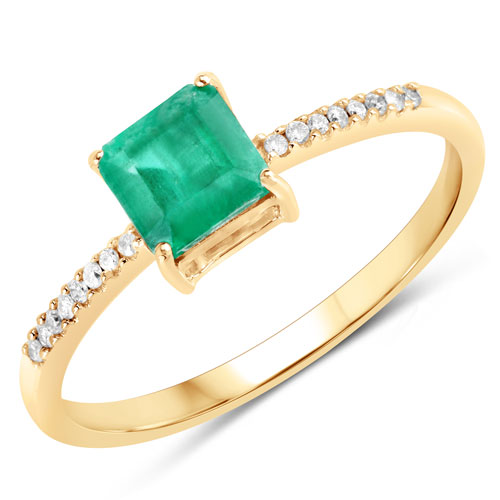 Emerald-0.64 Carat Genuine Zambian Emerald and White Diamond 14K Yellow Gold Ring