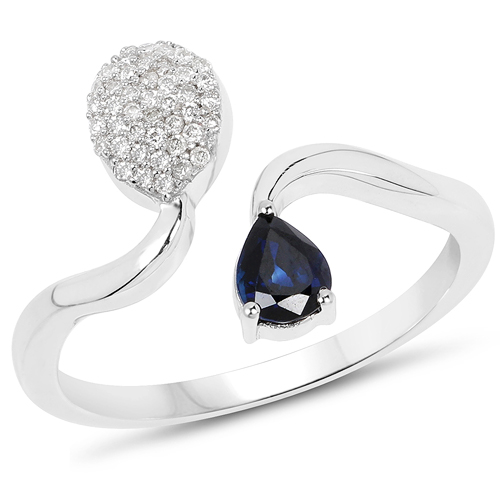 Sapphire-0.45 Carat Genuine Blue Sapphire and White Diamond 14K White Gold Ring
