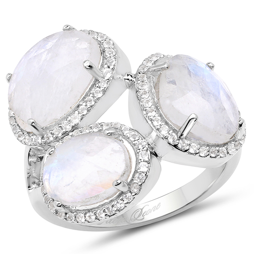 Rings-6.71 Carat Genuine White Rainbow Moonstone And White Topaz .925 Sterling Silver Ring