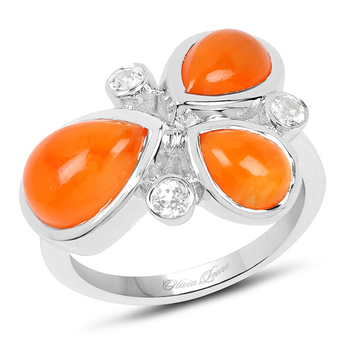 Rings-4.00 Carat Genuine Carnelian And White Topaz .925 Sterling Silver Ring