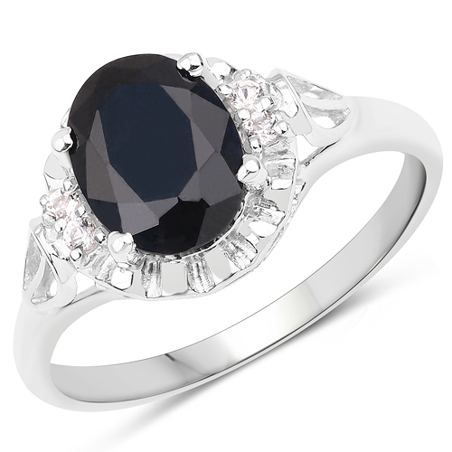 Sapphire-14K White Gold Plated 2.59 ct. t.w. Black Sapphire and White Topaz Ring in Sterling Silver