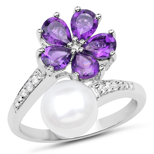 Pearl-4.69 Carat Genuine Pearl, Amethyst and White Zircon .925 Sterling Silver Ring