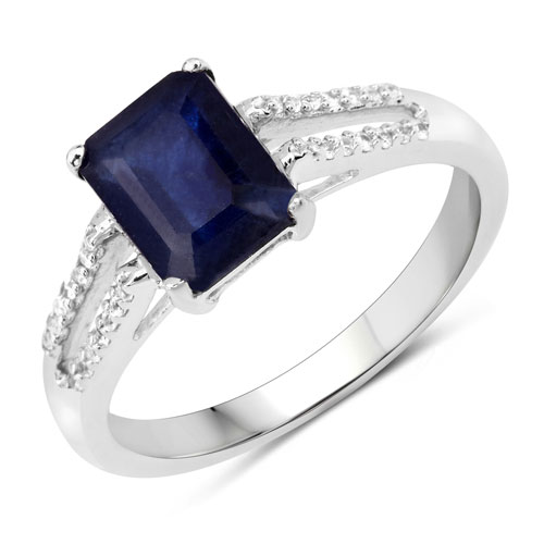 Sapphire-3.07 Carat Glass Filled Sapphire and White Zircon .925 Sterling Silver Ring