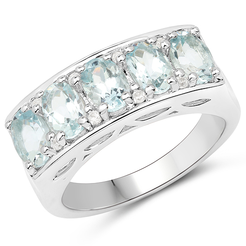 Rings-2.56 Carat Genuine Aquamarine and White Zircon .925 Sterling Silver Ring